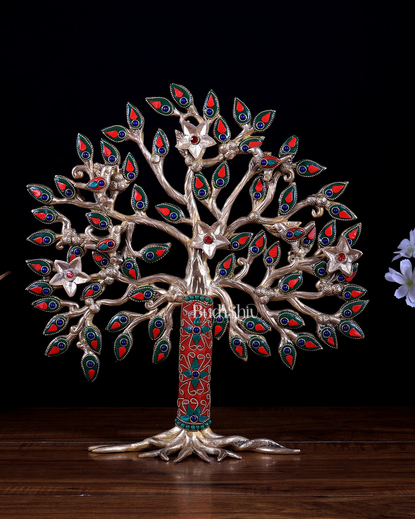 Pure brass standing tree 13 inch meenakari Stonework