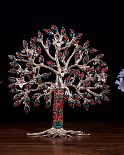 Pure brass standing tree 13 inch meenakari Stonework