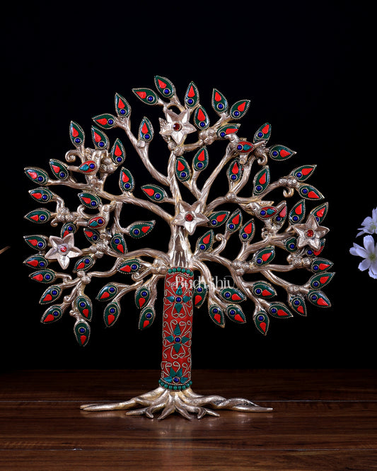 Pure brass standing tree 13 inch meenakari Stonework