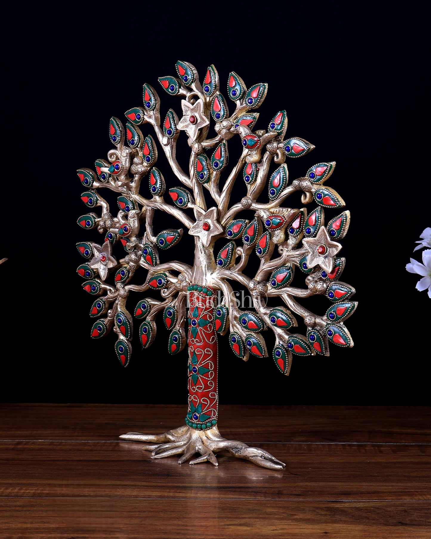 Pure brass standing tree 13 inch meenakari Stonework