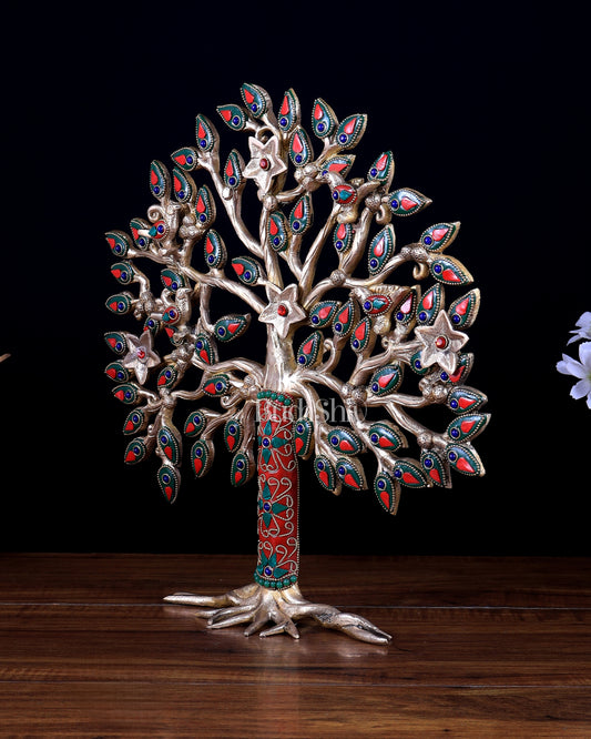 Pure brass standing tree 13 inch meenakari Stonework
