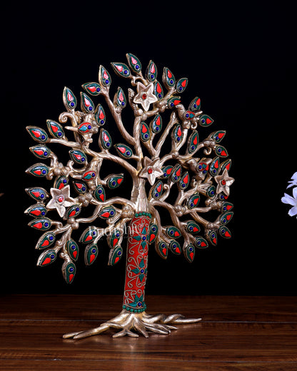 Pure brass standing tree 13 inch meenakari Stonework