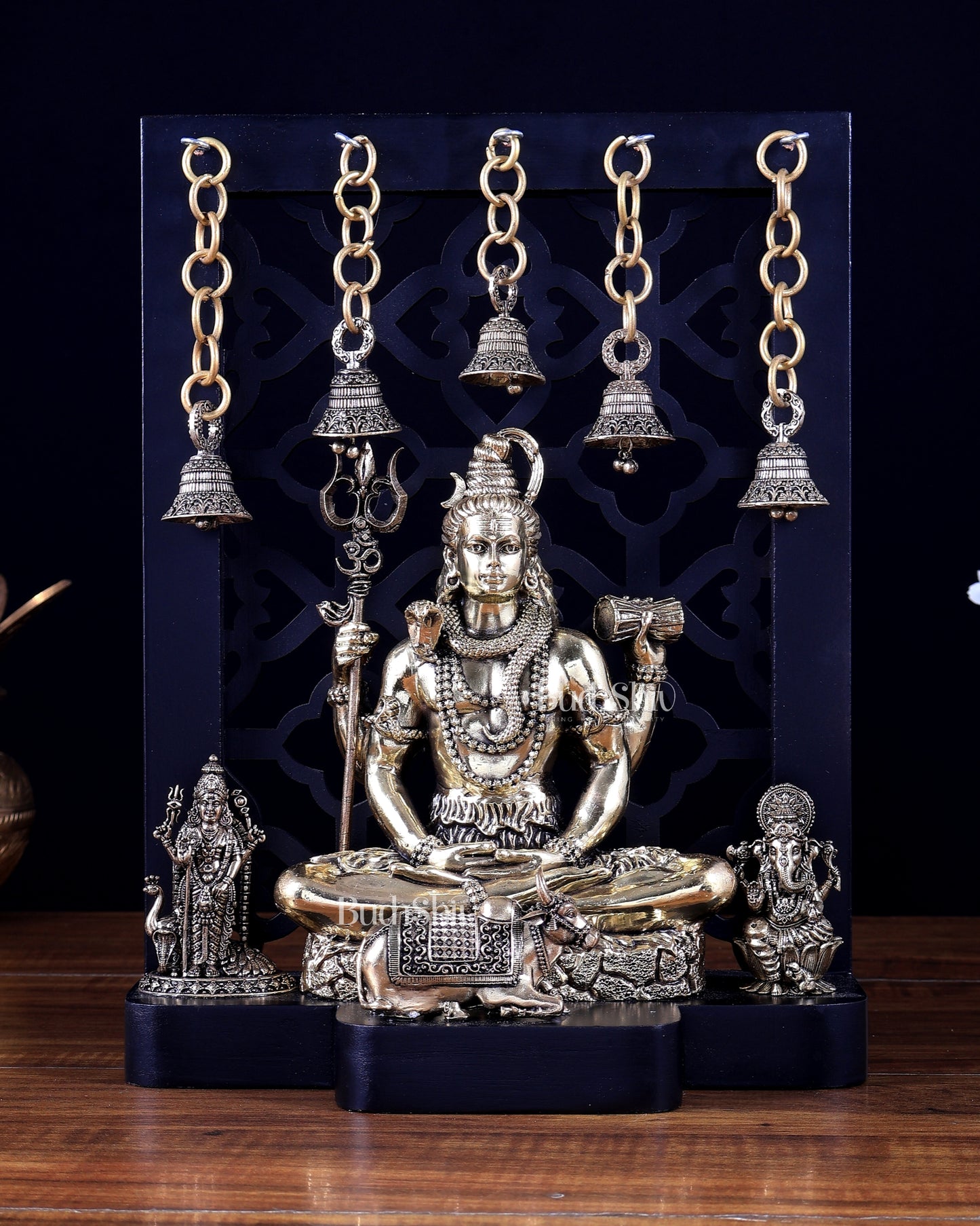 Brass Shiva with Kartikeya & Ganesha – Father–Son Divine Bond Idol on MDF Base 12 inch