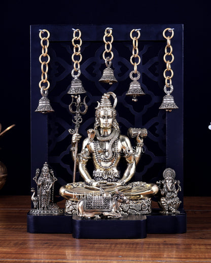 Brass Shiva with Kartikeya & Ganesha – Father–Son Divine Bond Idol on MDF Base 12 inch