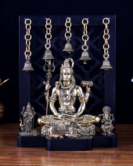 Brass Shiva with Kartikeya & Ganesha – Father–Son Divine Bond Idol on MDF Base 12 inch