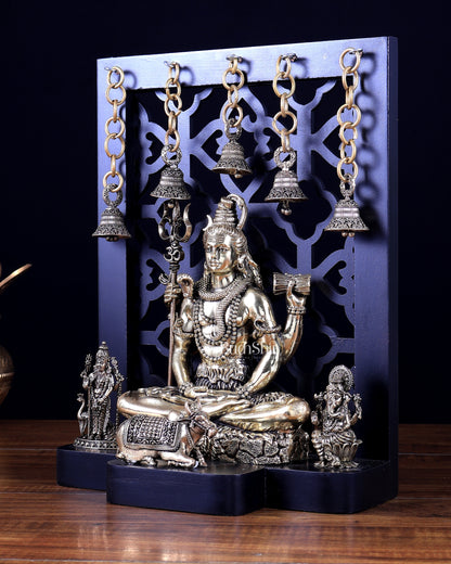 Brass Shiva with Kartikeya & Ganesha – Father–Son Divine Bond Idol on MDF Base 12 inch