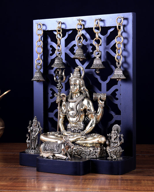 Brass Shiva with Kartikeya & Ganesha – Father–Son Divine Bond Idol on MDF Base 12 inch