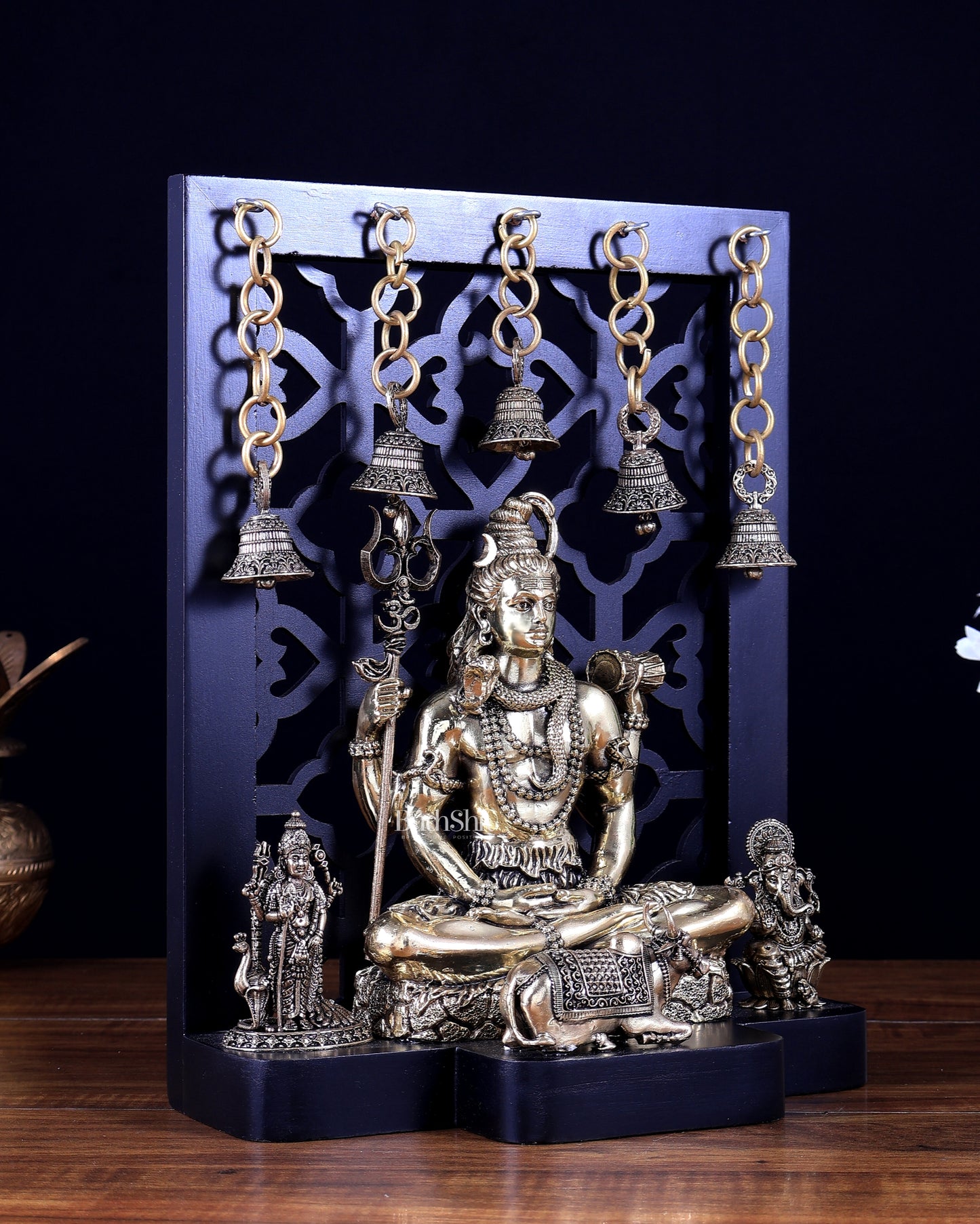Brass Shiva with Kartikeya & Ganesha – Father–Son Divine Bond Idol on MDF Base 12 inch