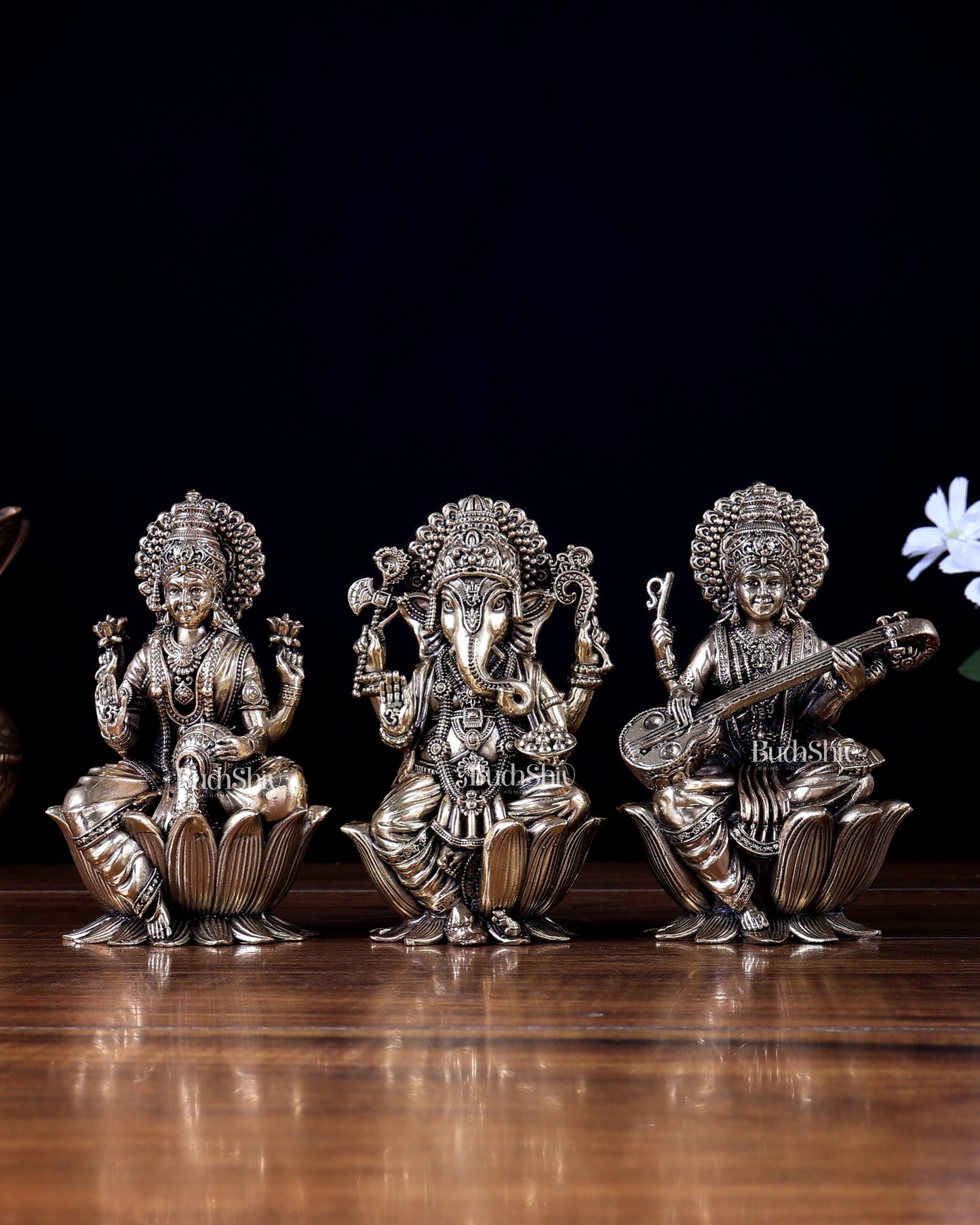 Brass Superfine Ganesha–Lakshmi–Saraswati on Lotus Idol Set 5 inch