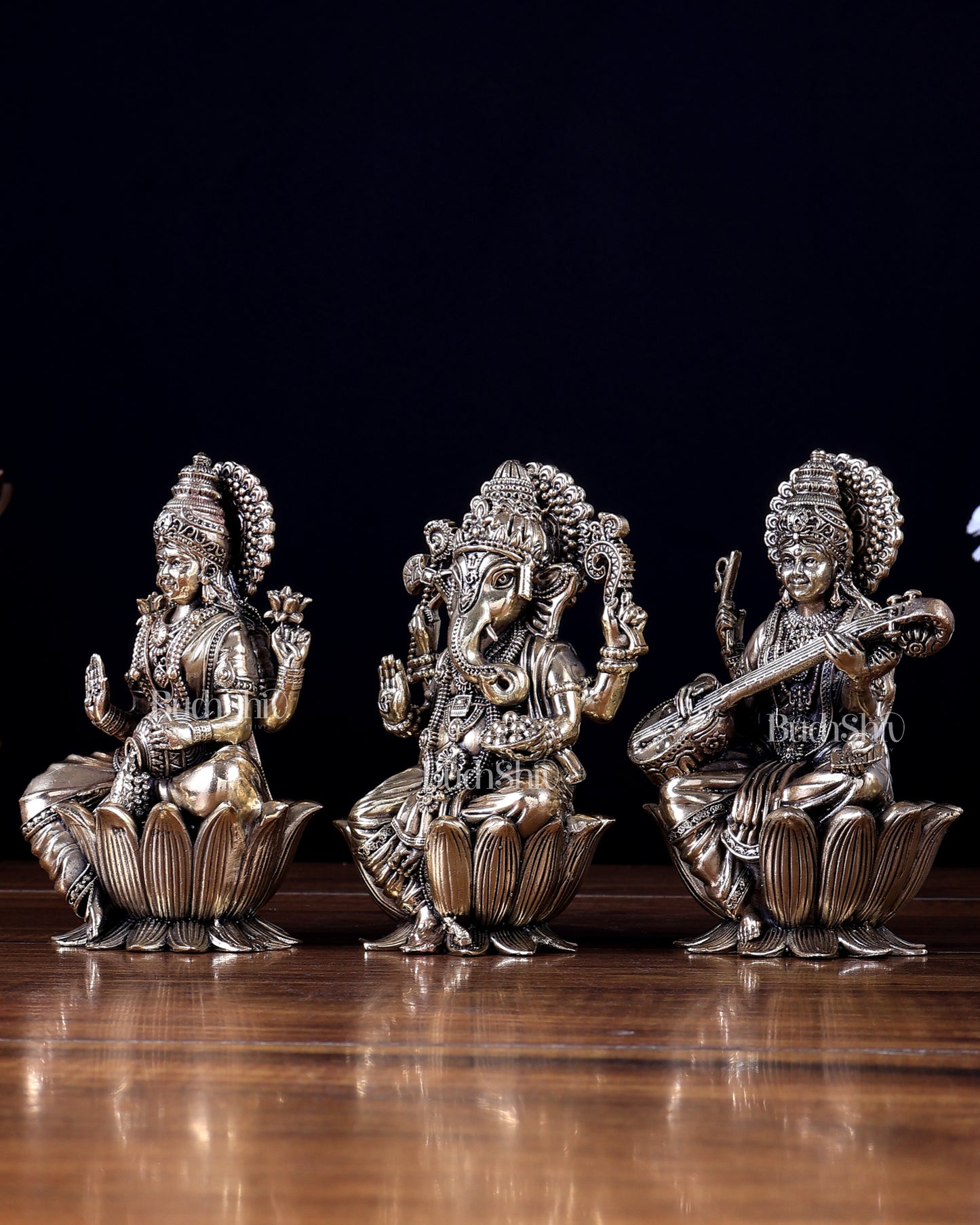 Brass Superfine Ganesha–Lakshmi–Saraswati on Lotus Idol Set 5 inch