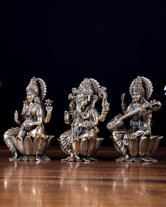 Brass Superfine Ganesha–Lakshmi–Saraswati on Lotus Idol Set 5 inch