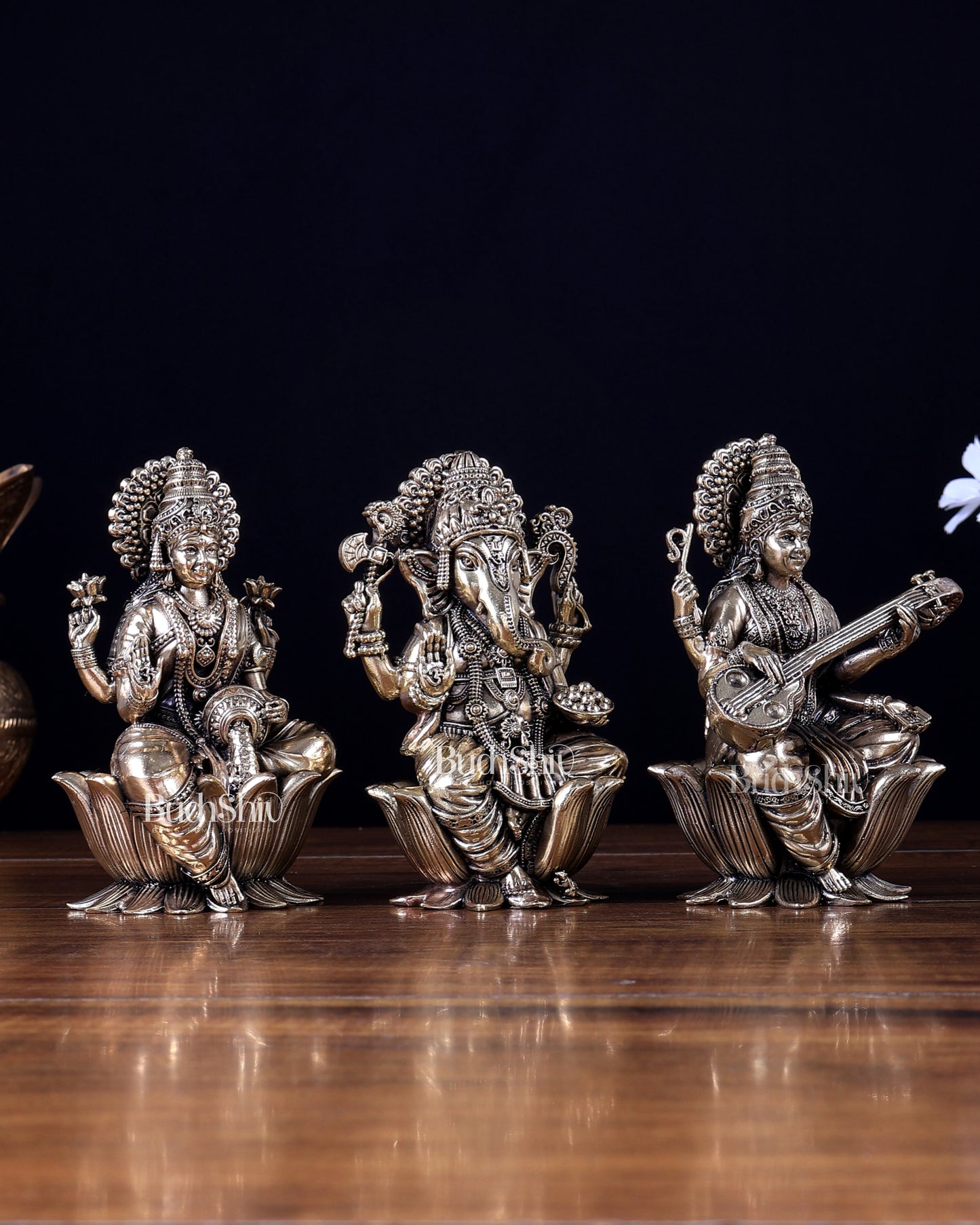 Brass Superfine Ganesha–Lakshmi–Saraswati on Lotus Idol Set 5 inch