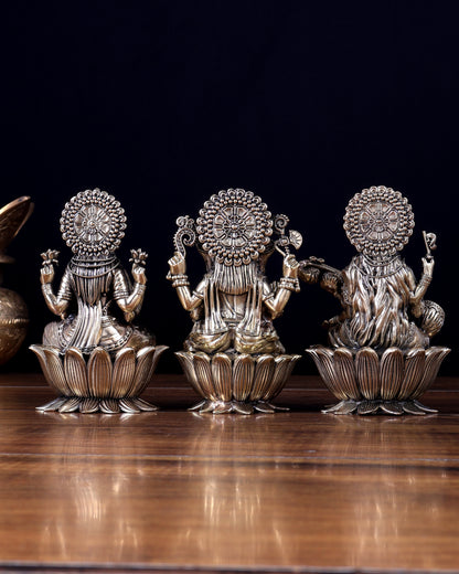 Brass Superfine Ganesha–Lakshmi–Saraswati on Lotus Idol Set 5 inch