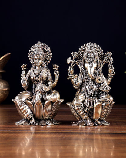 Brass Superfine Ganesha–Lakshmi on Lotus Idol Pair 5 inch