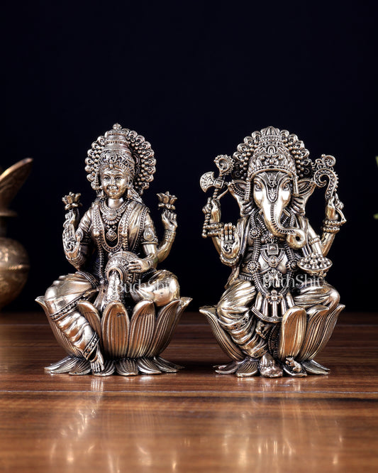 Brass Superfine Ganesha–Lakshmi on Lotus Idol Pair 5 inch