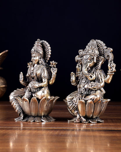 Brass Superfine Ganesha–Lakshmi on Lotus Idol Pair 5 inch