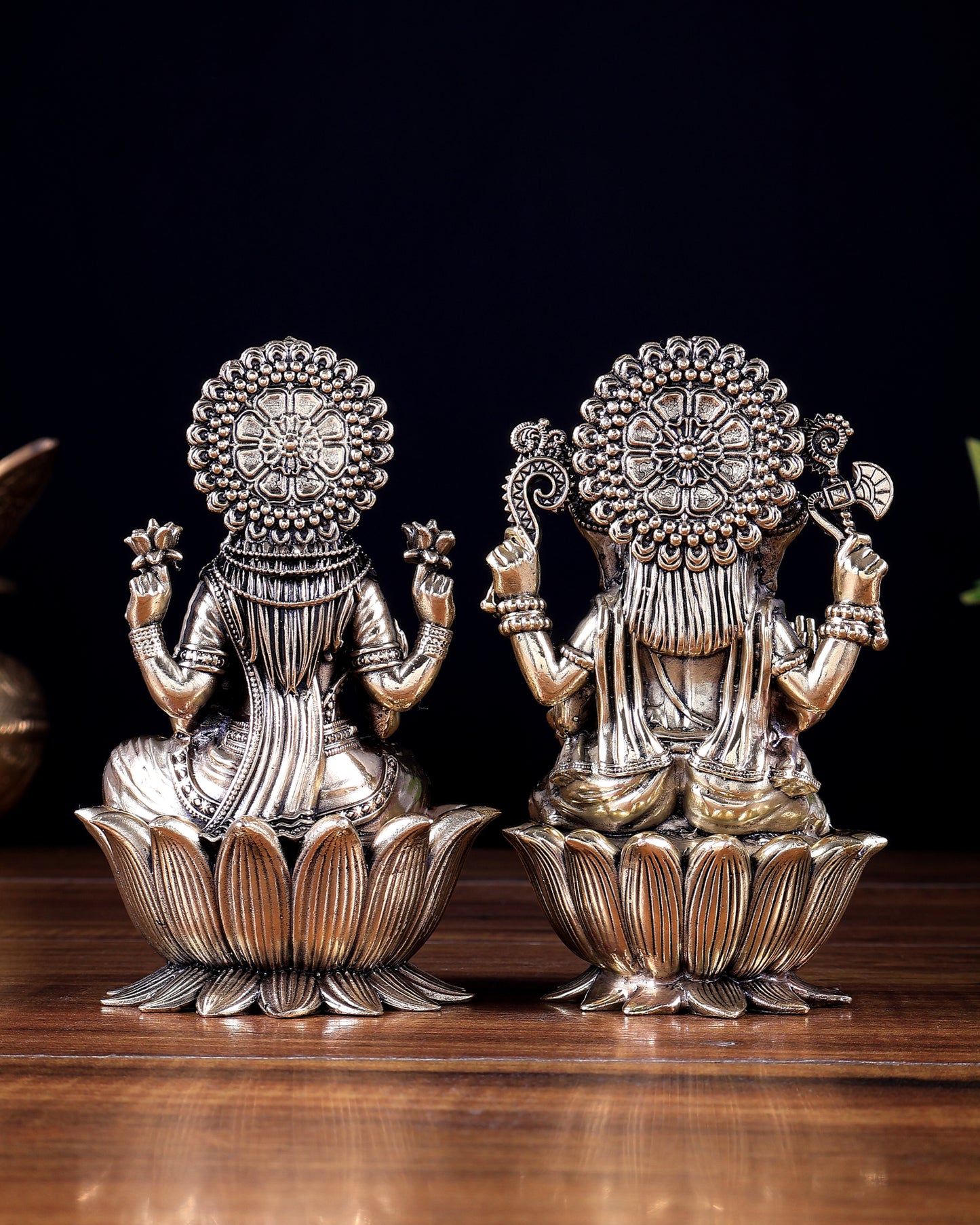 Brass Superfine Ganesha–Lakshmi on Lotus Idol Pair 5 inch