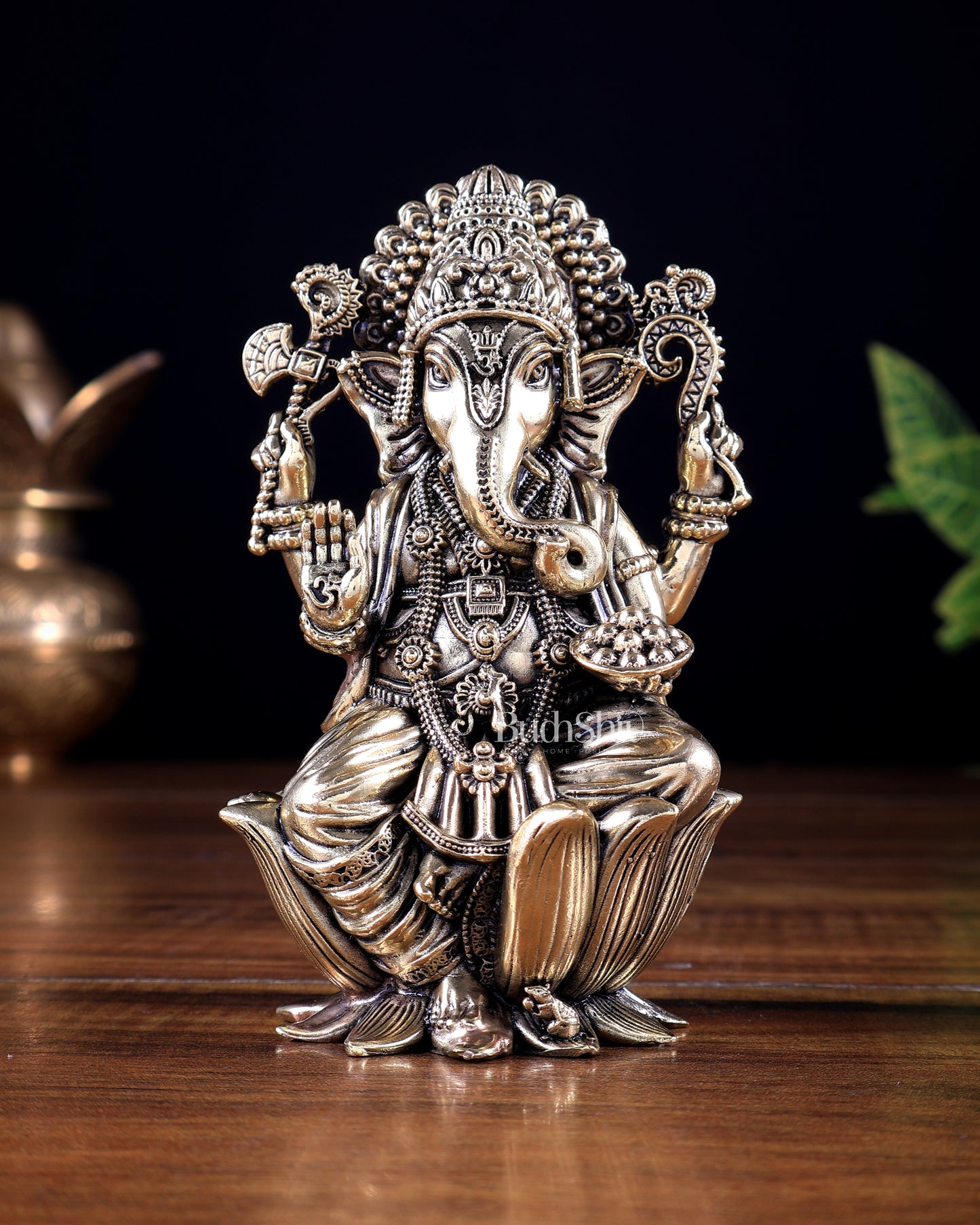 Brass Superfine Lord Ganesha on Lotus Idol 5 inch