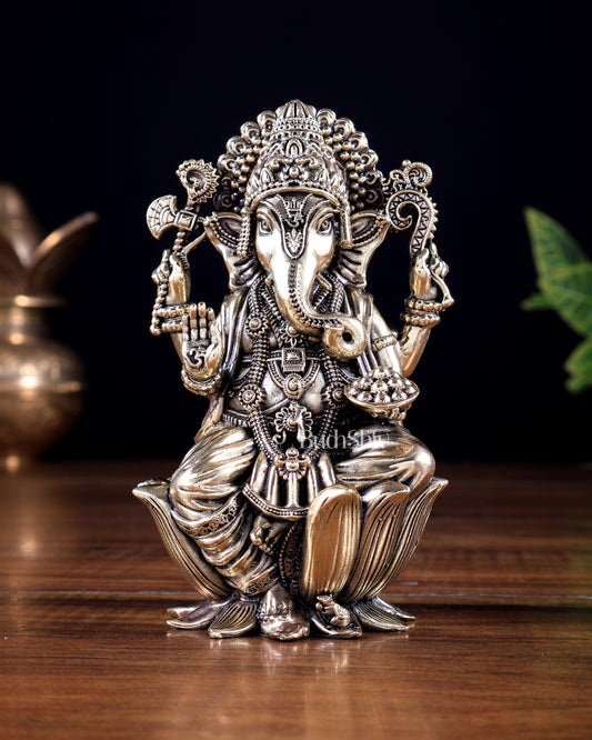 Brass Superfine Lord Ganesha on Lotus Idol 5 inch