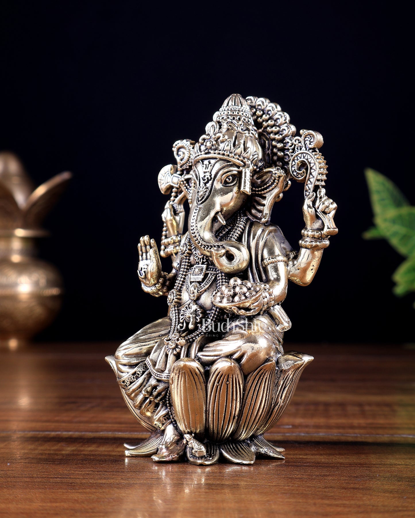 Brass Superfine Lord Ganesha on Lotus Idol 5 inch