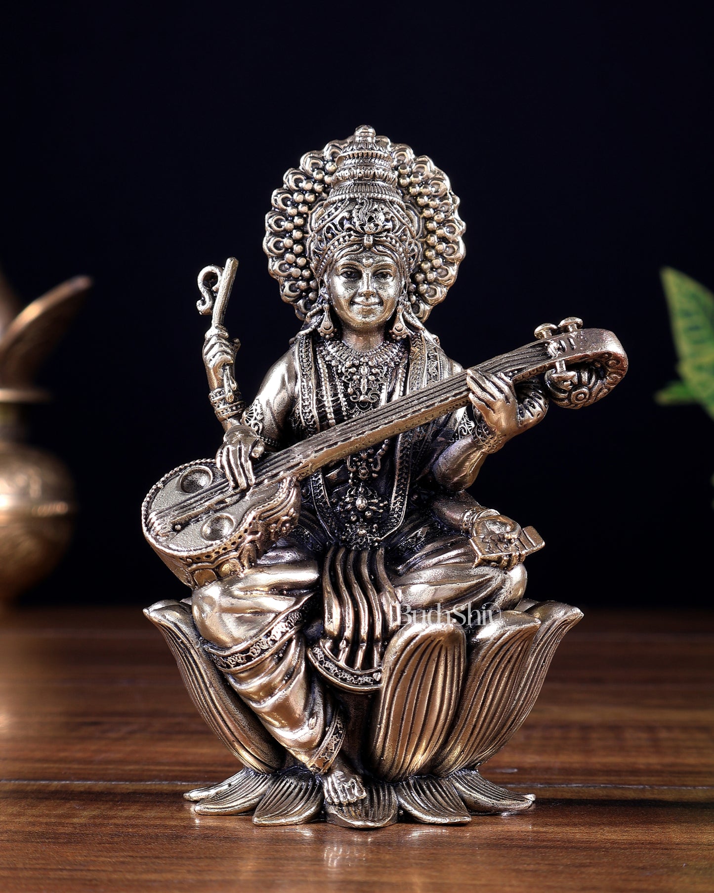 Brass Superfine Goddess Saraswati on Lotus Idol 5 inch
