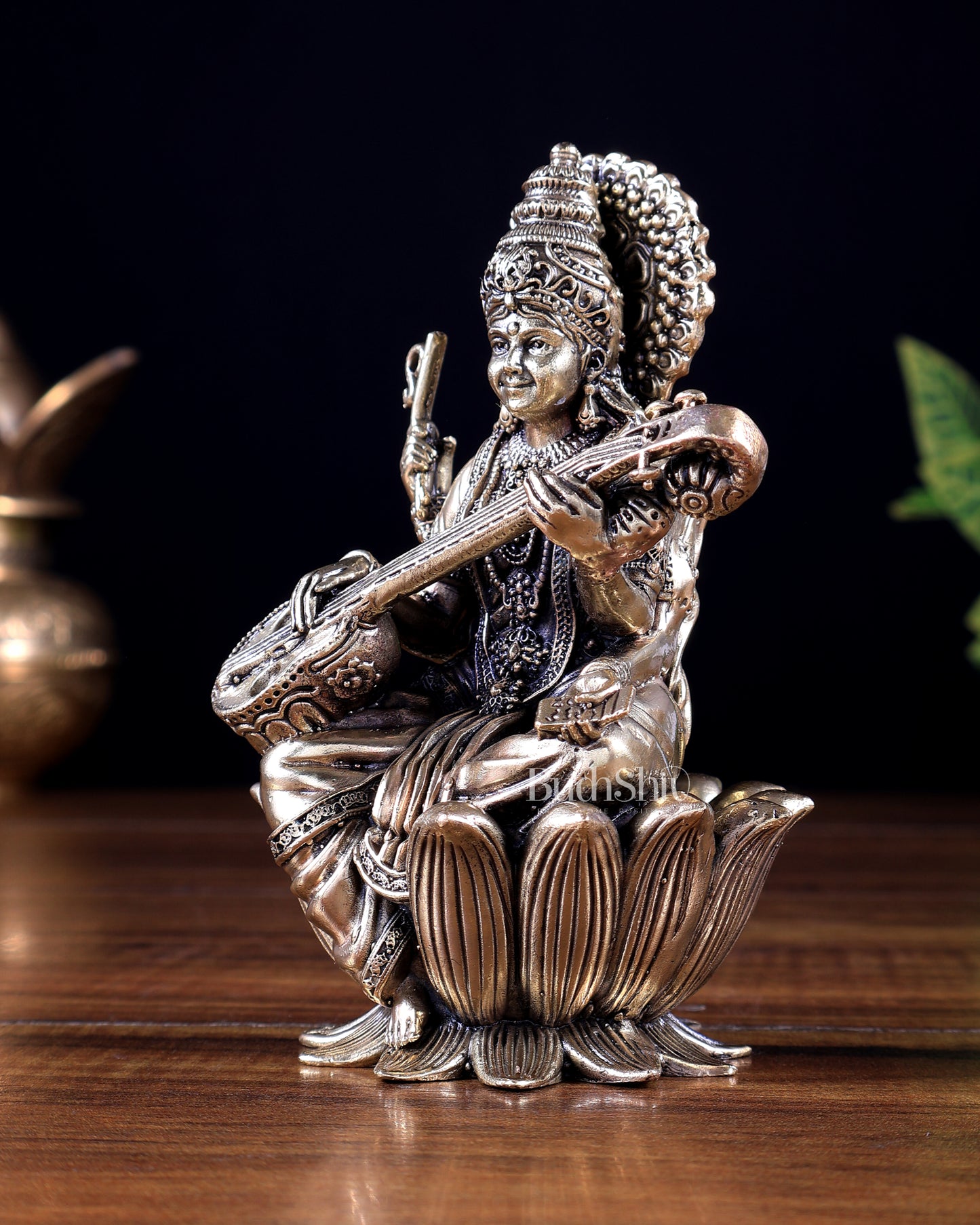 Brass Superfine Goddess Saraswati on Lotus Idol 5 inch