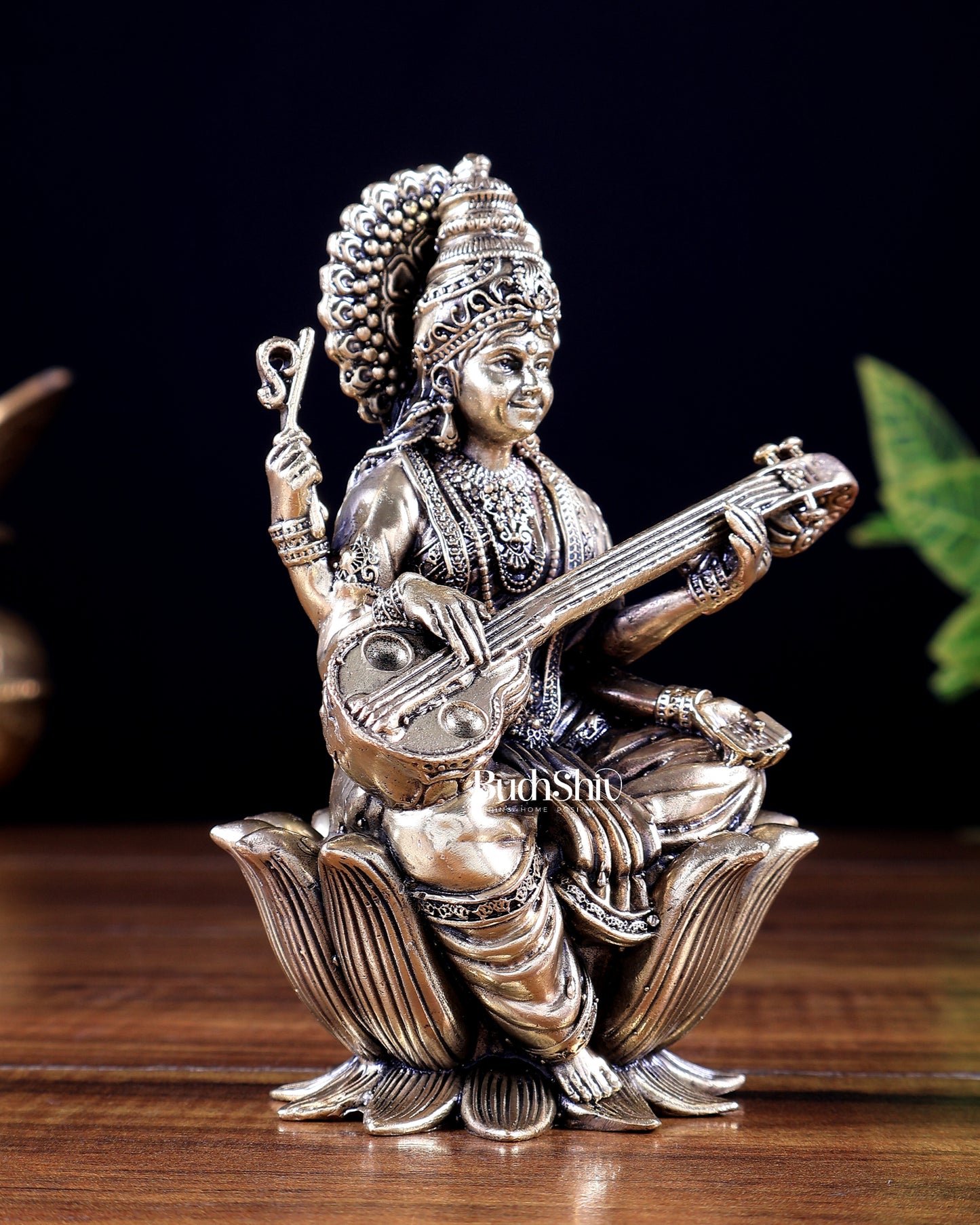 Brass Superfine Goddess Saraswati on Lotus Idol 5 inch
