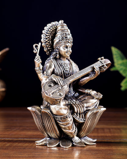 Brass Superfine Goddess Saraswati on Lotus Idol 5 inch