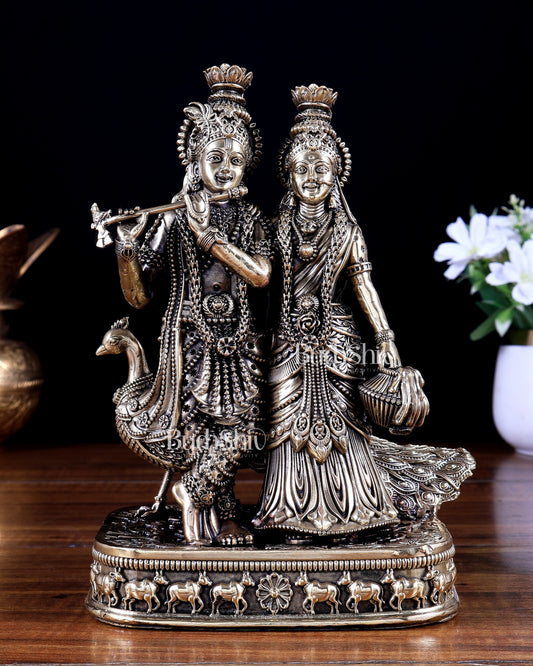 Brass Superfine Radha Krishna with Peacock Idol 8 inch