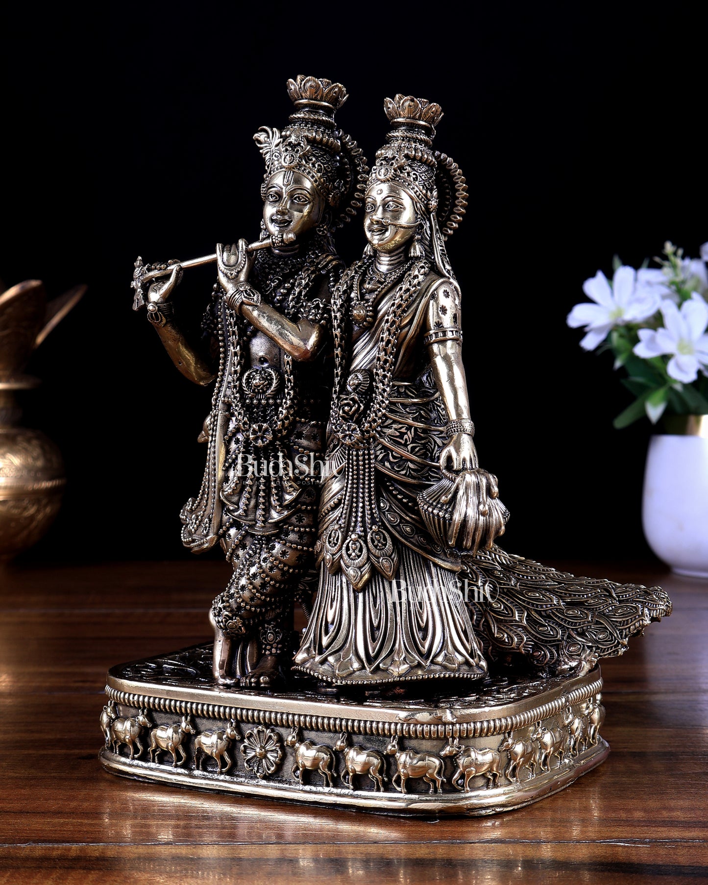 Brass Superfine Radha Krishna with Peacock Idol 8 inch