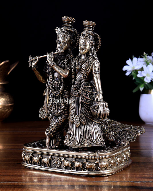 Brass Superfine Radha Krishna with Peacock Idol 8 inch