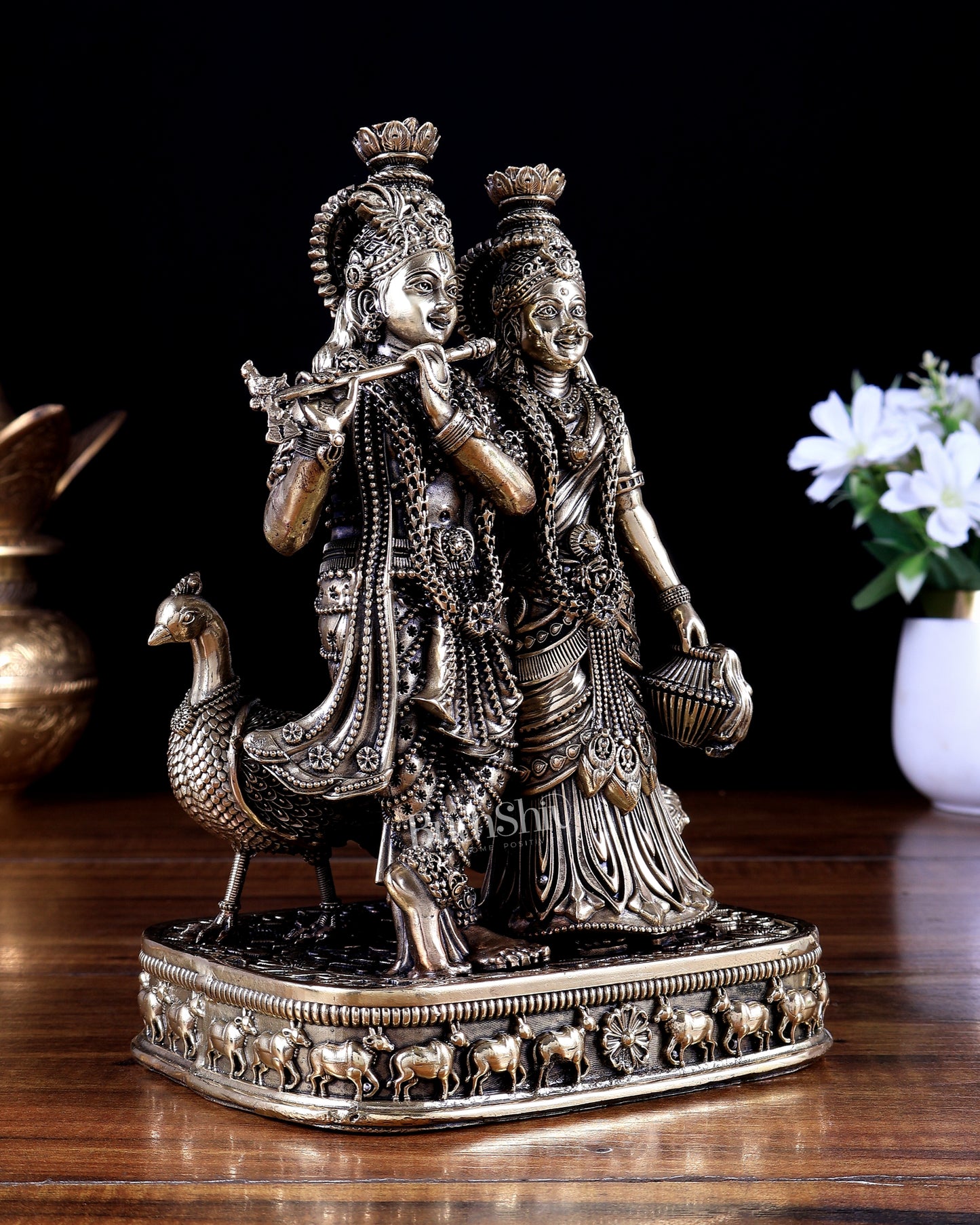 Brass Superfine Radha Krishna with Peacock Idol 8 inch