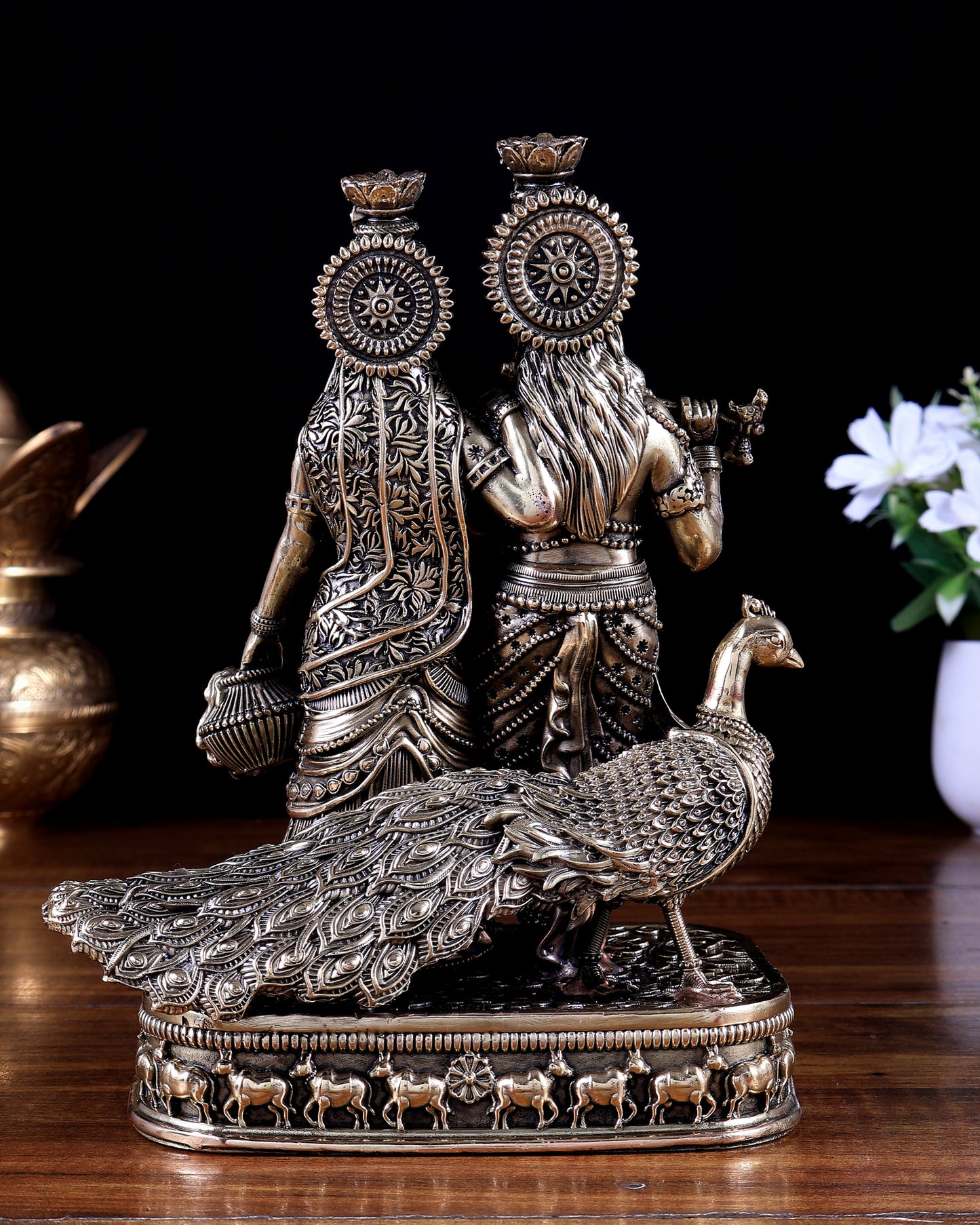 Brass Superfine Radha Krishna with Peacock Idol 8 inch