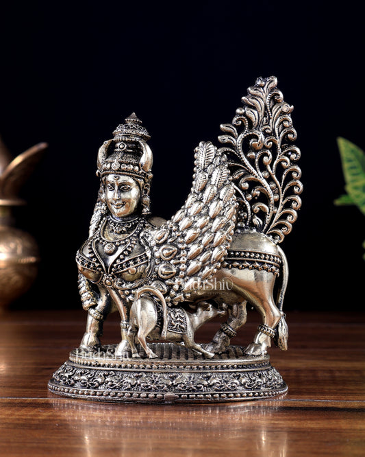 Brass Superfine Kamdhenu Cow with Calf Idol (Mother Face & Wings) 5 inch