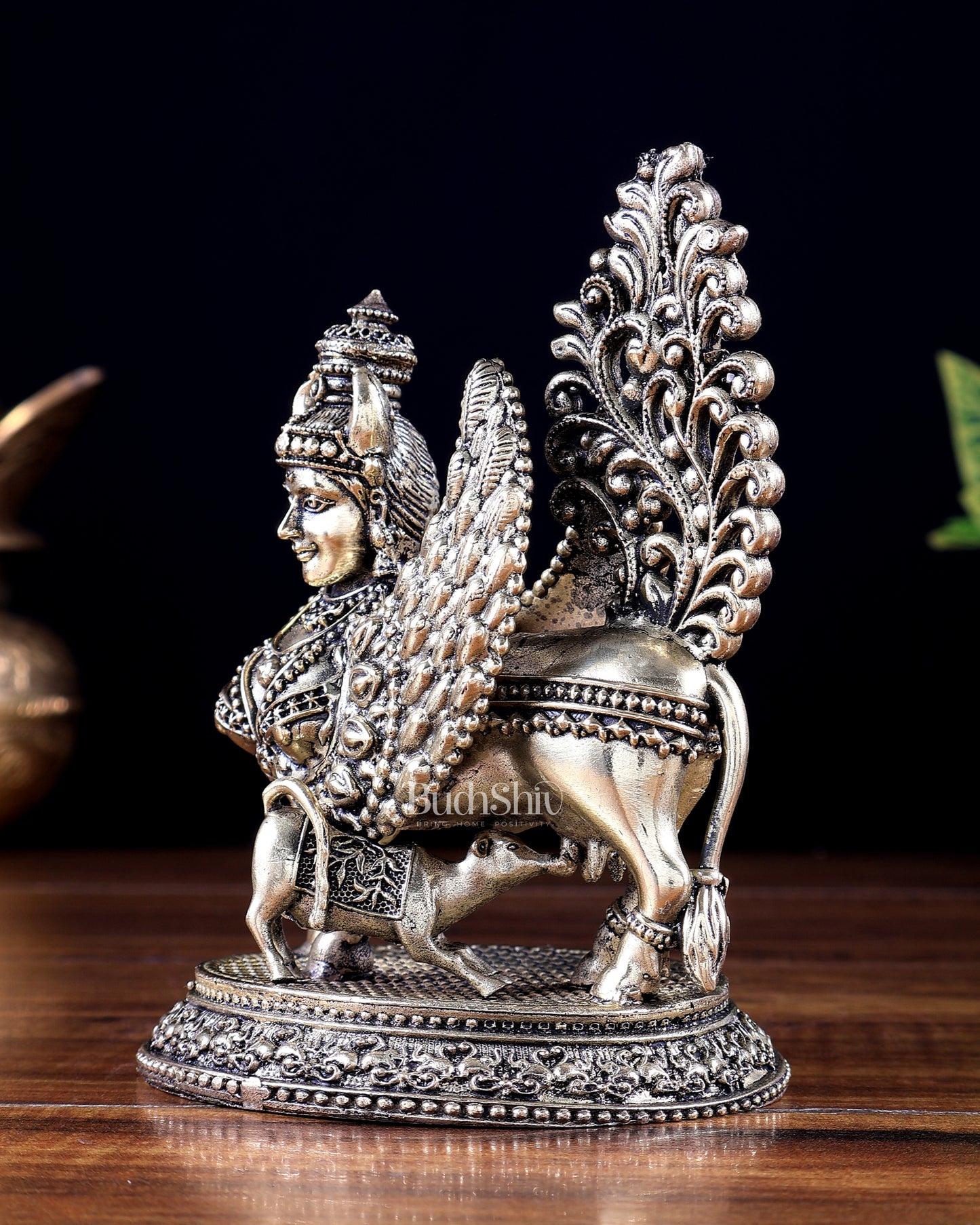 Brass Superfine Kamdhenu Cow with Calf Idol (Mother Face & Wings) 5 inch