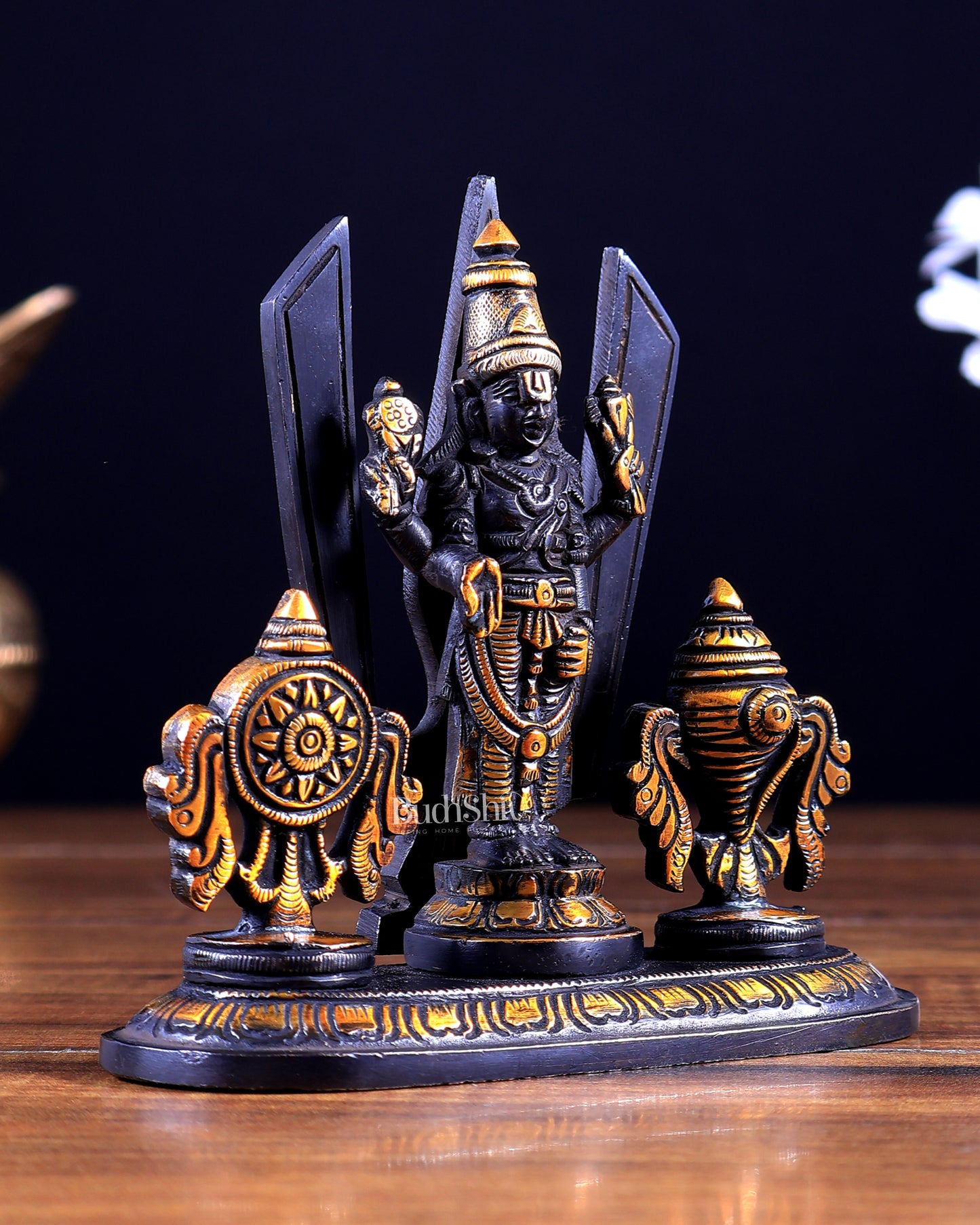 Brass Tirupati balaji Shankh Chakra Namah idol 5 inch black gold