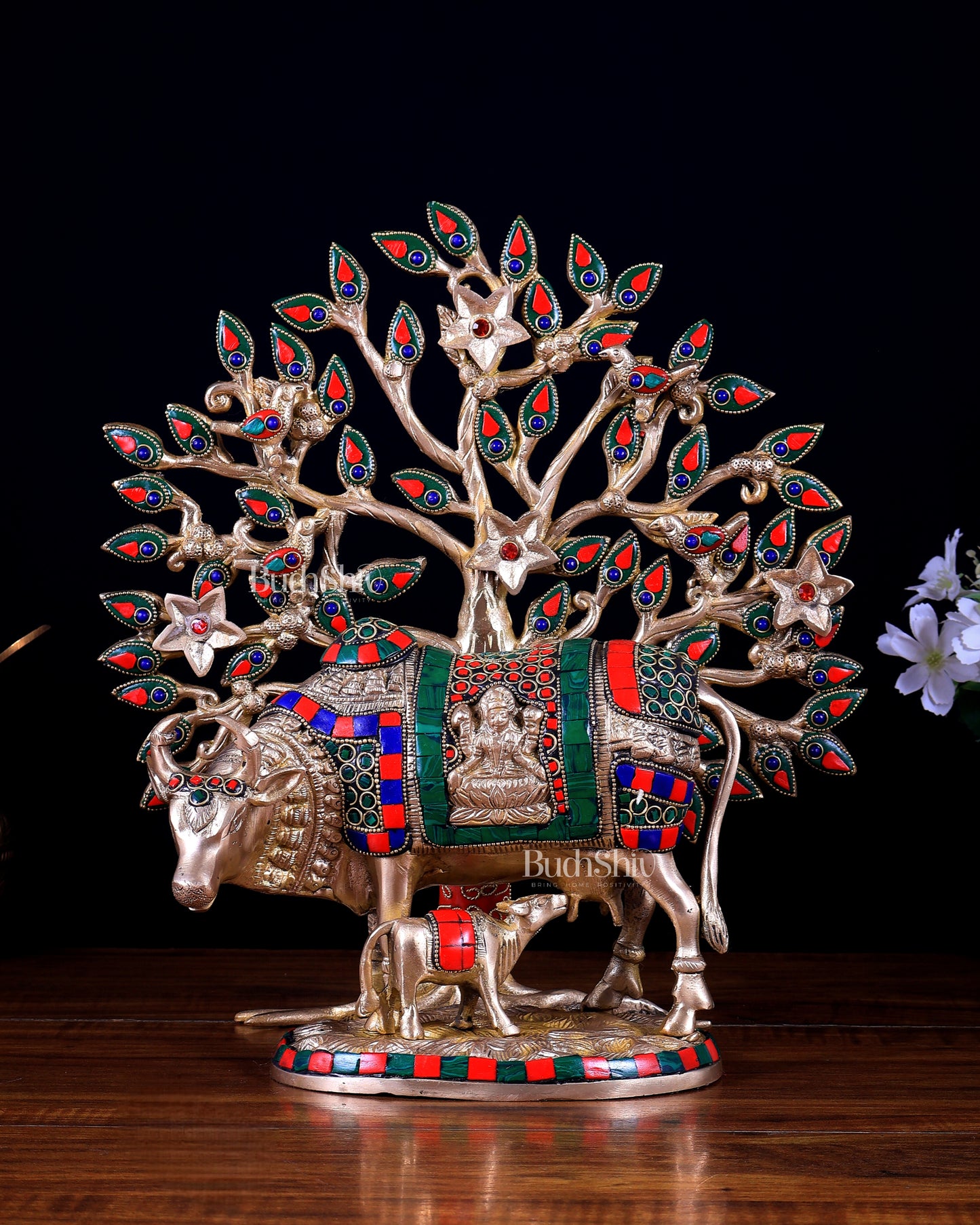 Pure Brass Kamdhenu Cow with Calf & Kalpavriksha Tree Combo (Stonework) 13 inch