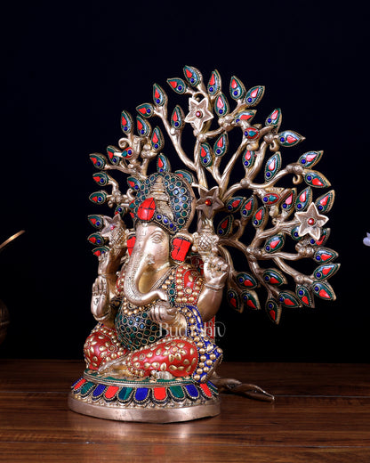 Brass Ganesha Statue with Kalpavriksha Tree Combo 13 inch