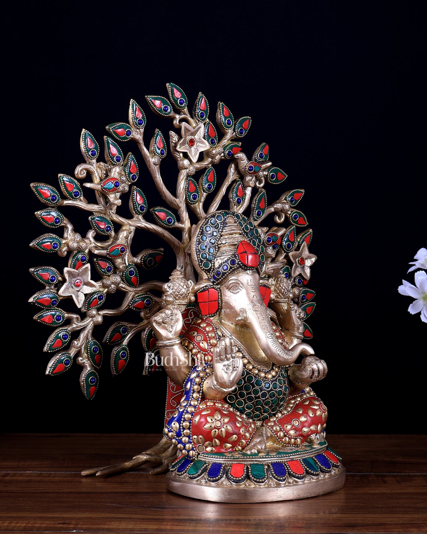 Brass Ganesha Statue with Kalpavriksha Tree Combo 13 inch