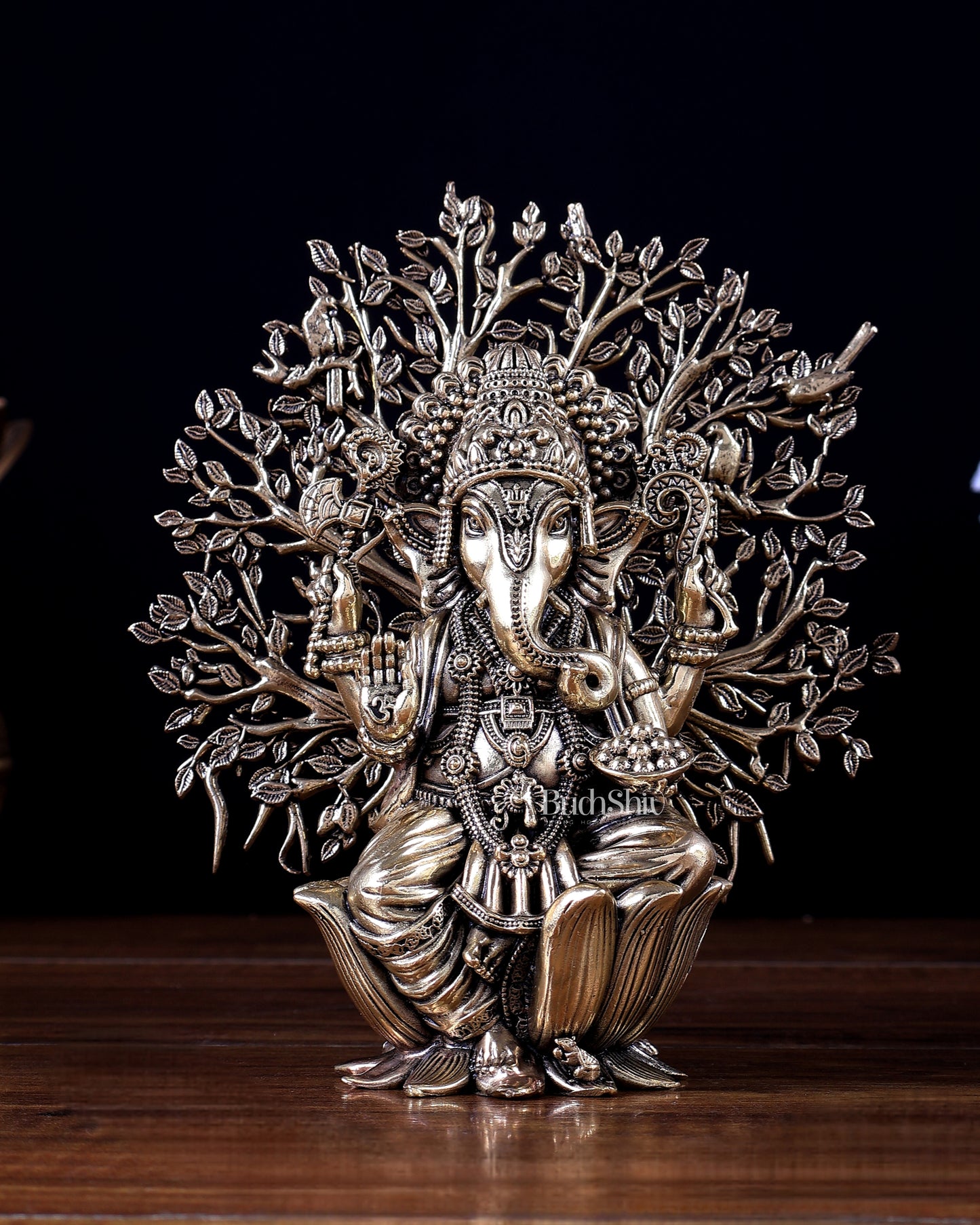 Brass Superfine Lord Ganesha with Kalpavriksha Tree – Divine Décor Showpiece 6 inch