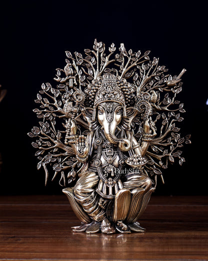 Brass Superfine Lord Ganesha with Kalpavriksha Tree – Divine Décor Showpiece 6 inch