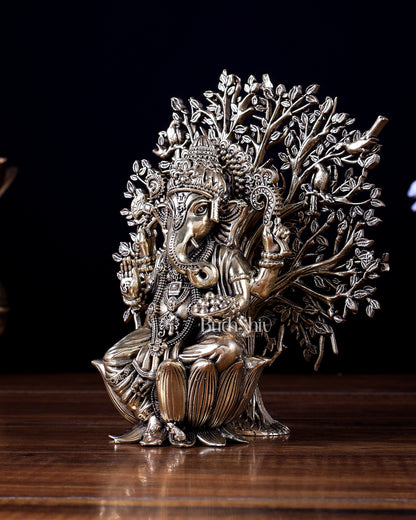 Brass Superfine Lord Ganesha with Kalpavriksha Tree – Divine Décor Showpiece 6 inch