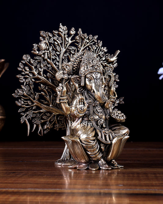 Brass Superfine Lord Ganesha with Kalpavriksha Tree – Divine Décor Showpiece 6 inch