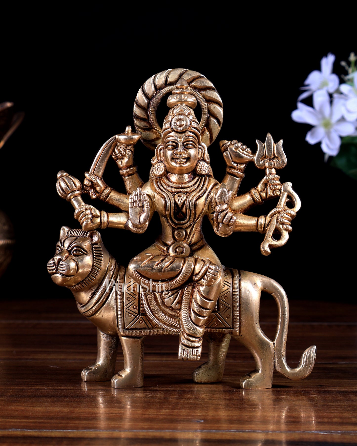 Brass Durga with Tiger – Solid Brass Statue 6 inch