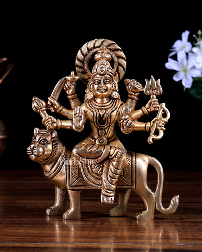Brass Durga with Tiger – Solid Brass Statue 6 inch