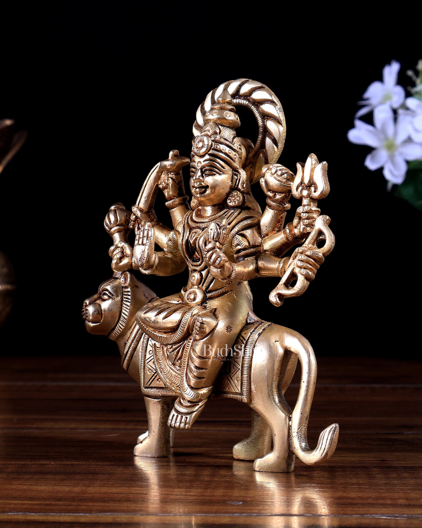 Brass Durga with Tiger – Solid Brass Statue 6 inch