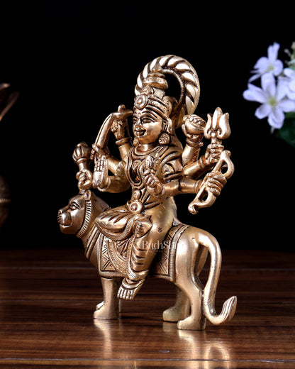 Brass Durga with Tiger – Solid Brass Statue 6 inch