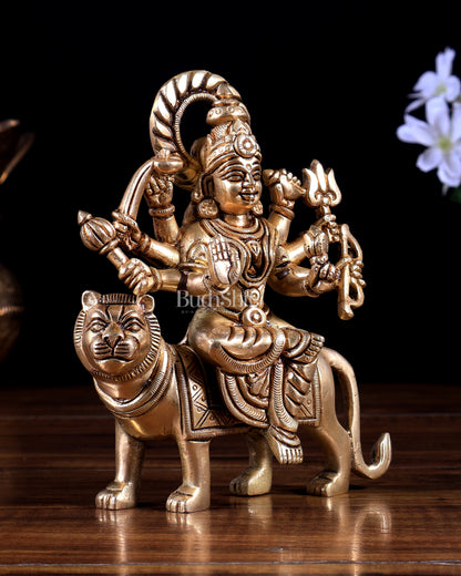Brass Durga with Tiger – Solid Brass Statue 6 inch
