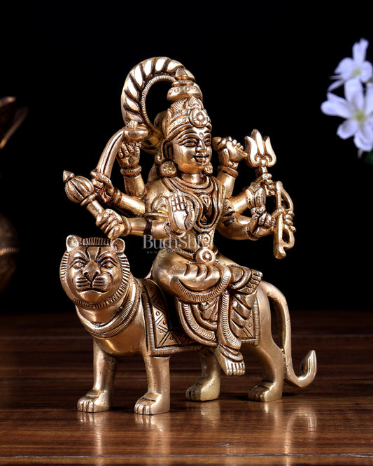 Brass Durga with Tiger – Solid Brass Statue 6 inch
