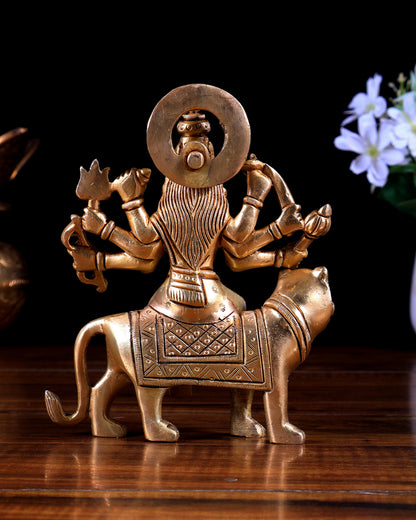 Brass Durga with Tiger – Solid Brass Statue 6 inch